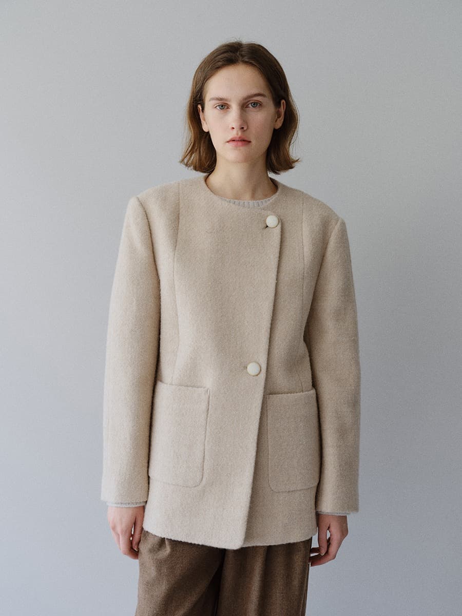 TFW COLLARLESS BOUCLE BLAZER_OATMEAL
