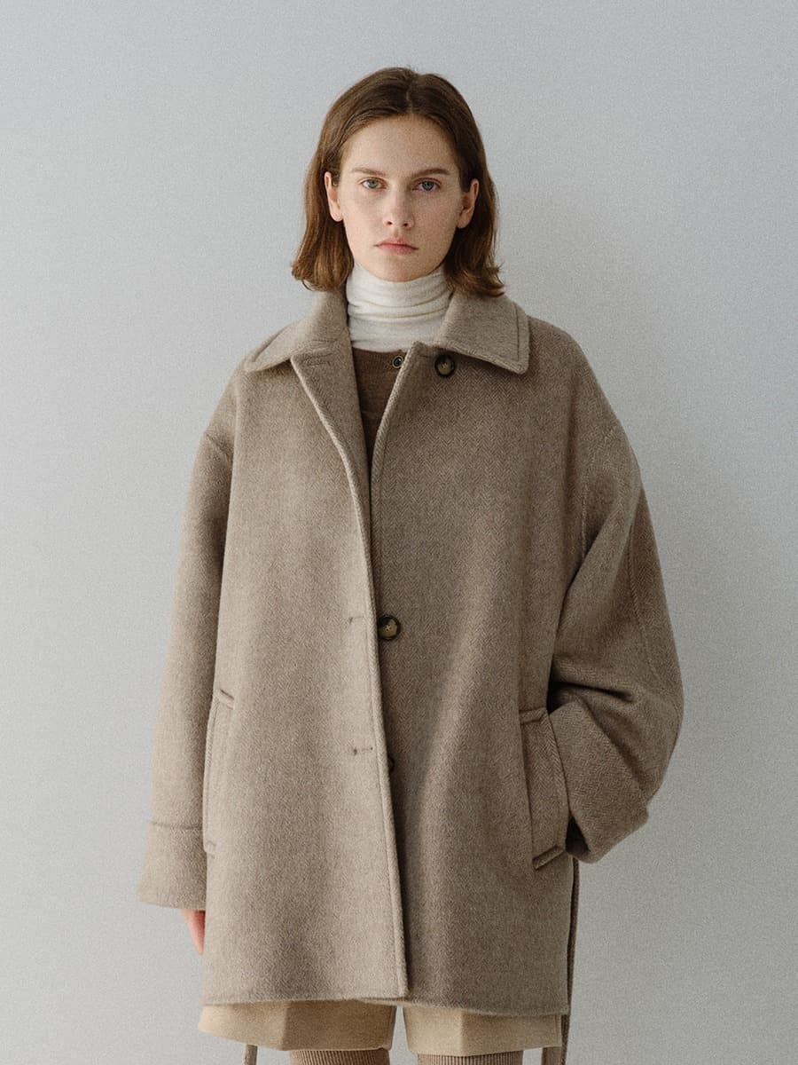 TFF ALPACA HERRINGBONE HALF COAT_OAT BEIGE