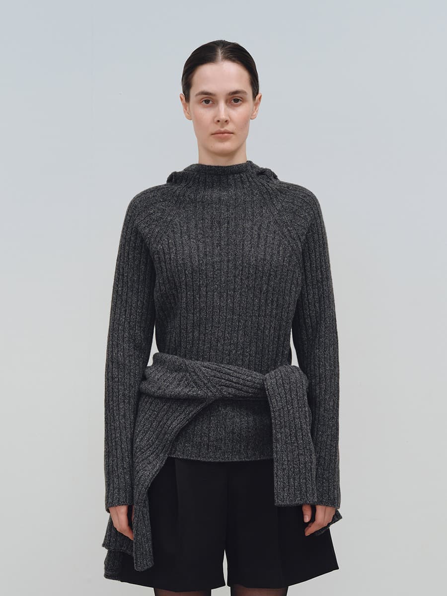 TFW WOOL HOODED RIBBED KNIT TOP_CHARCOAL