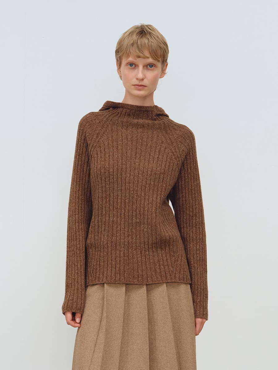 TFW WOOL HOODED RIBBED KNIT TOP_BROWN
