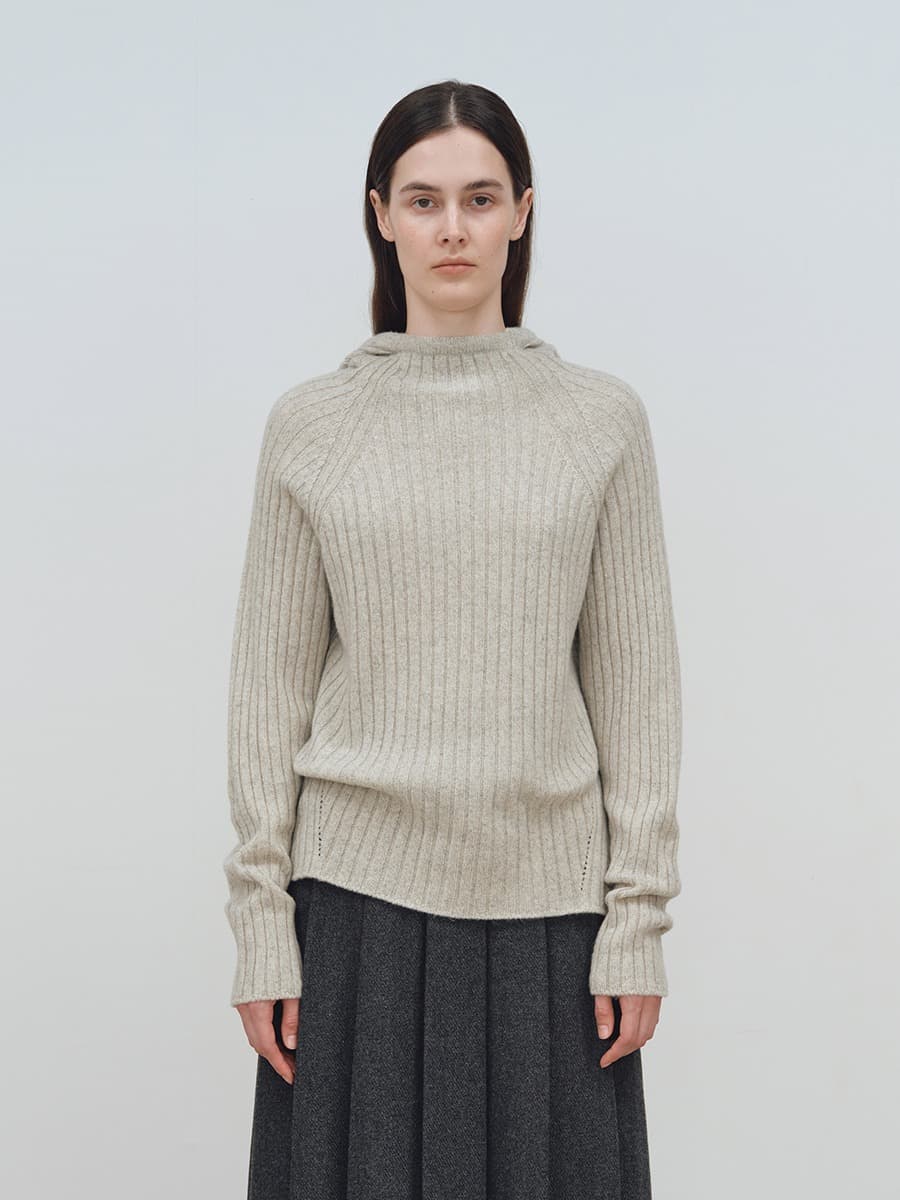 TFW WOOL HOODED RIBBED KNIT TOP_GREY