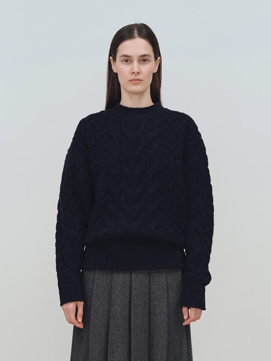 TFW WOOL BOUCLE CABLE KNIT TOP_NAVY