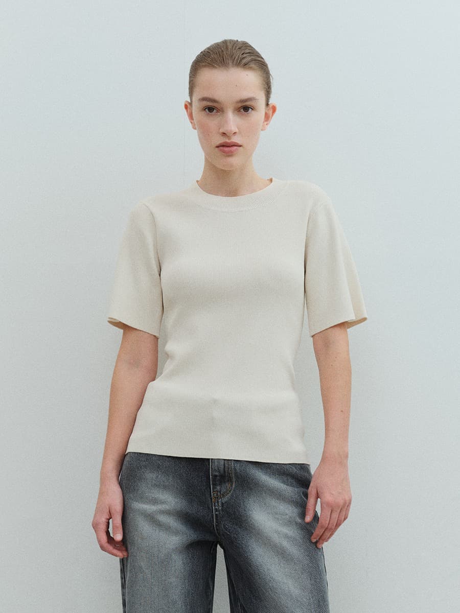 TVS SILM FIT HALF SLEEVE KNIT TOP_IVORY