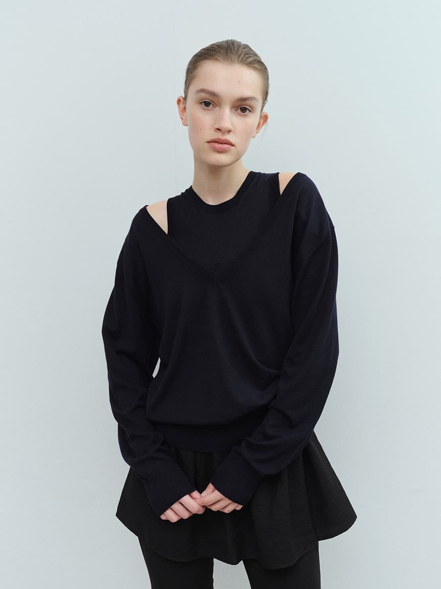 TVS V-NECK LAYERD KNIT TOP_D-NAVY