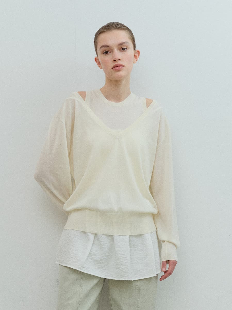 TVS V-NECK LAYERD KNIT TOP_IVORY
