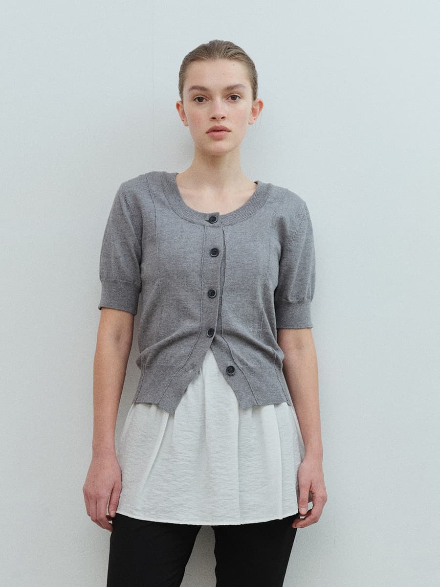 TVS HALF SLEEVE BUTTON KNIT TOP_GREY