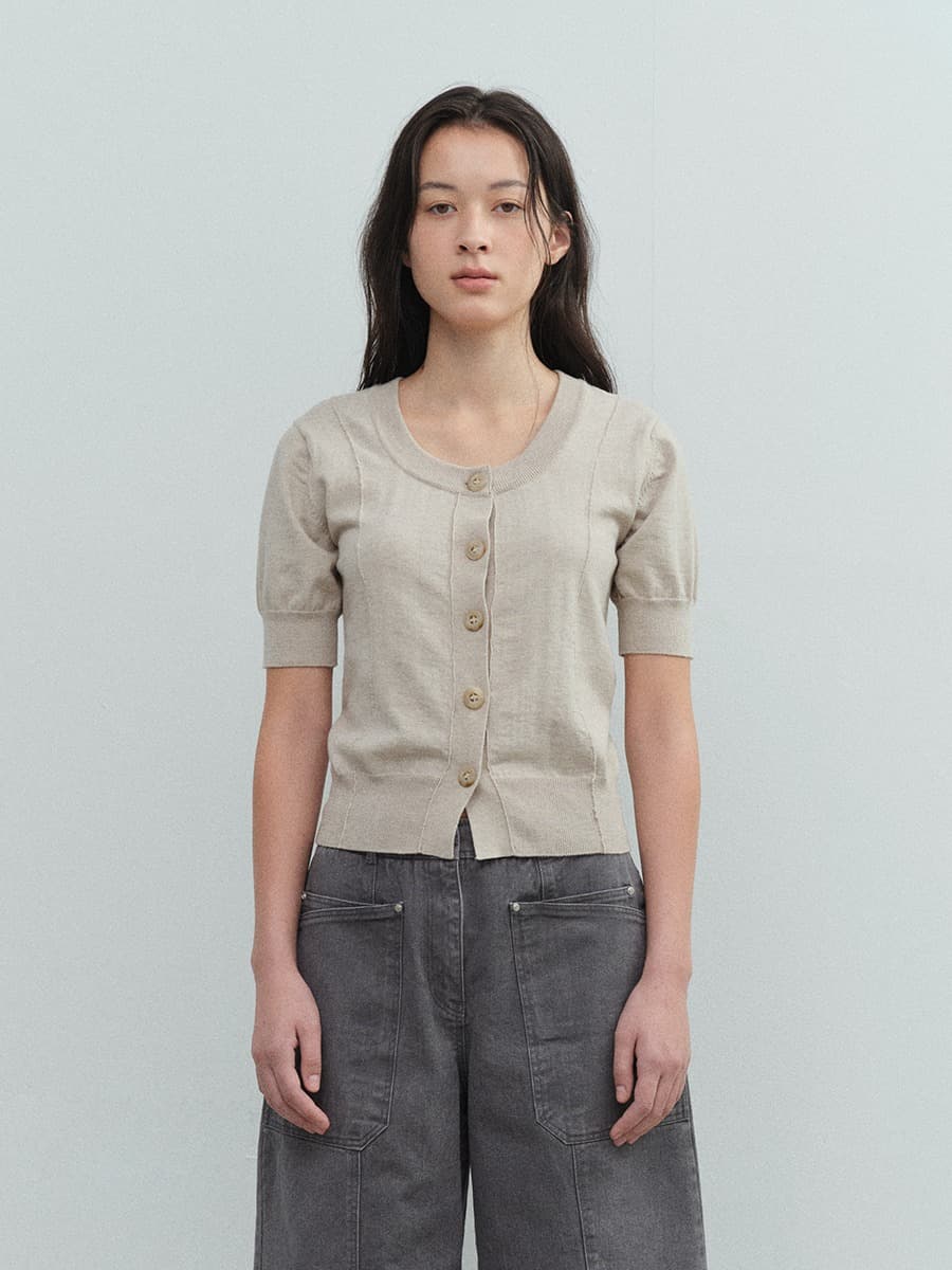 TVS HALF SLEEVE BUTTON KNIT TOP_BEIGE