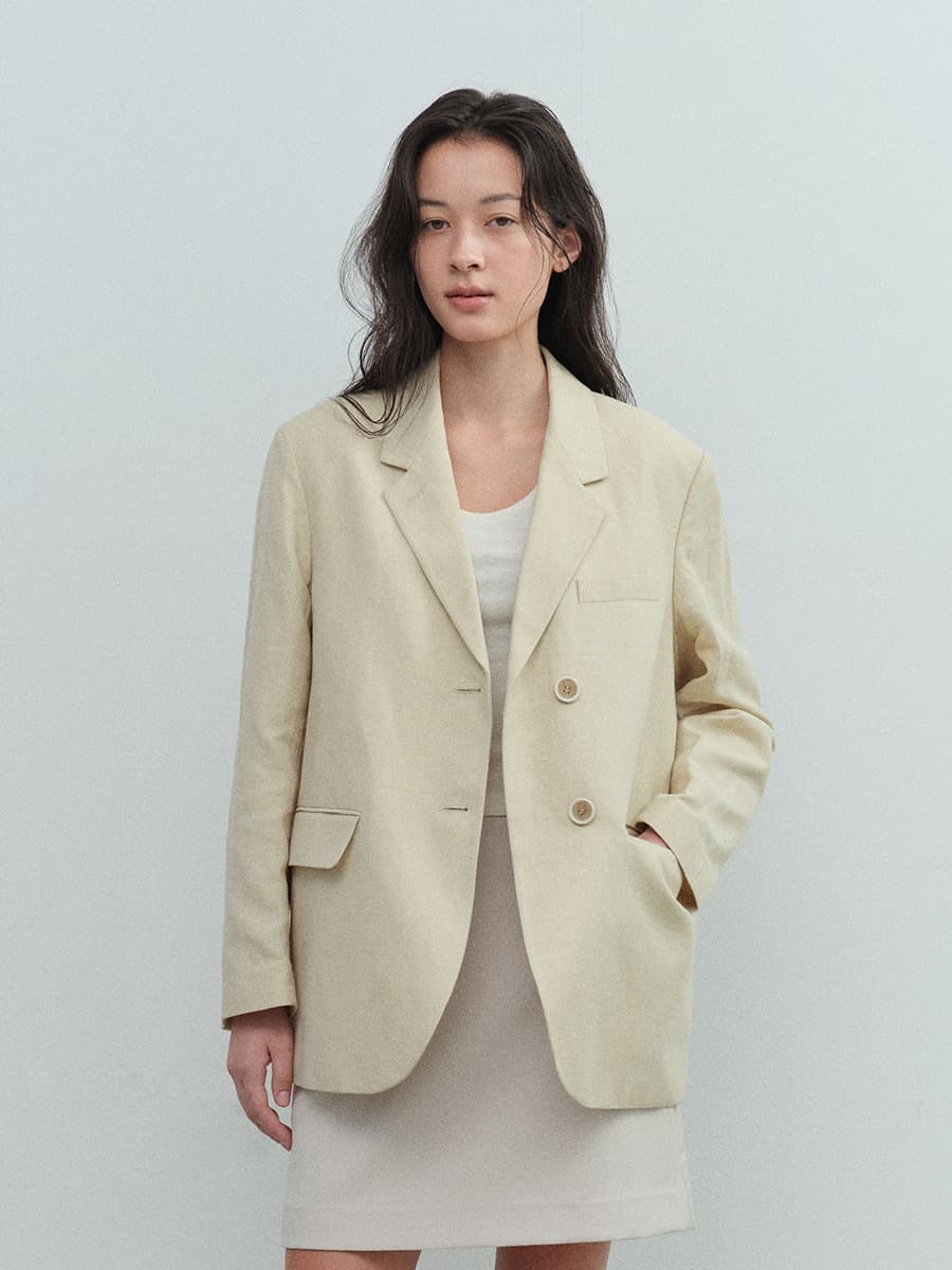 TVS OVERFIT LINEN 2-BUTTON BLAZER_Y-BEIGE