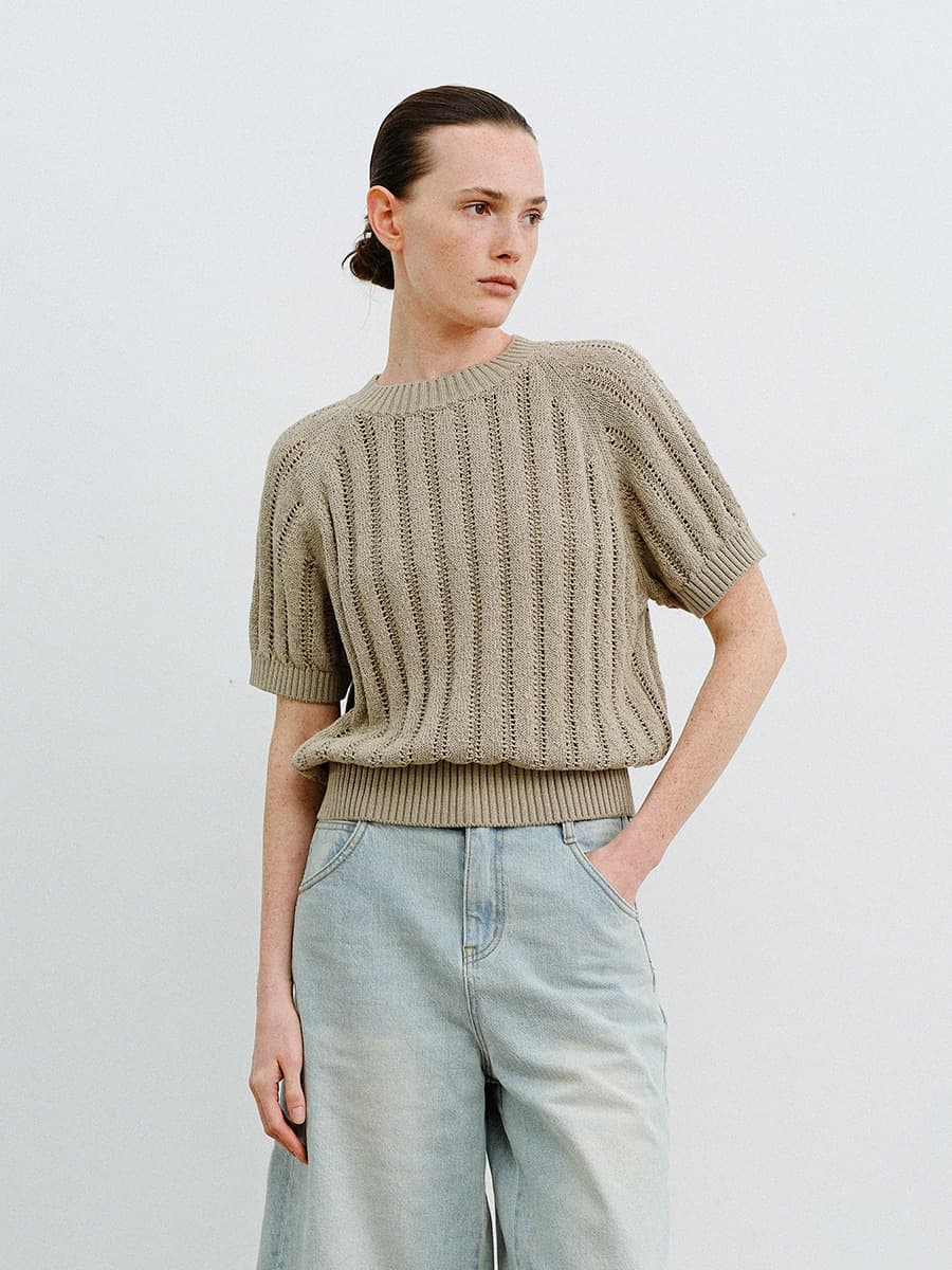 TVR COTTON HERRINGBONE KNIT TOP_KHAKI