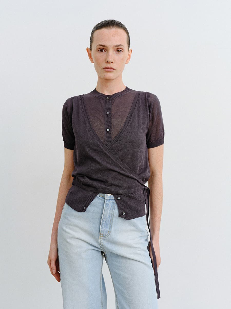 TVR SHEER WRAP KNIT CARDIGAN SET_CHARCOAL