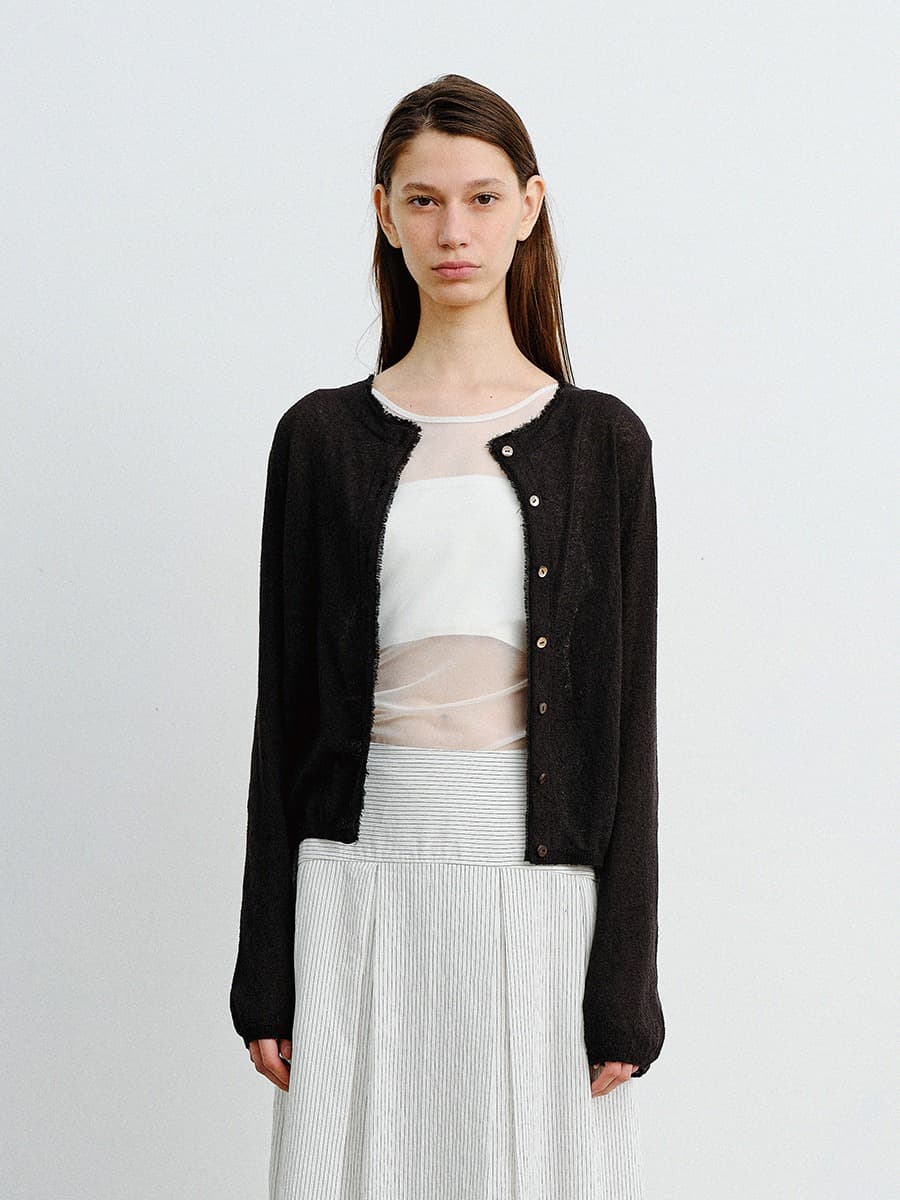 TVR LINEN SHEER FRINGE KNIT CARDIGAN_BLACK