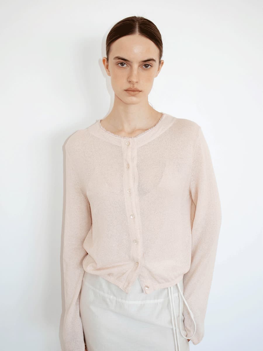 TVR LINEN SHEER FRINGE KNIT CARDIGAN_PINK
