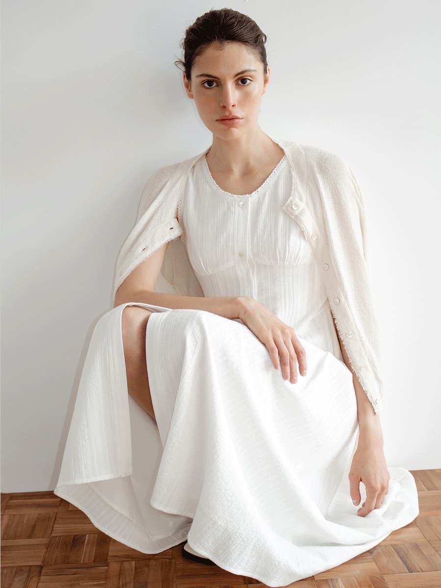 TVR LINEN SHEER FRINGE KNIT CARDIGAN_IVORY