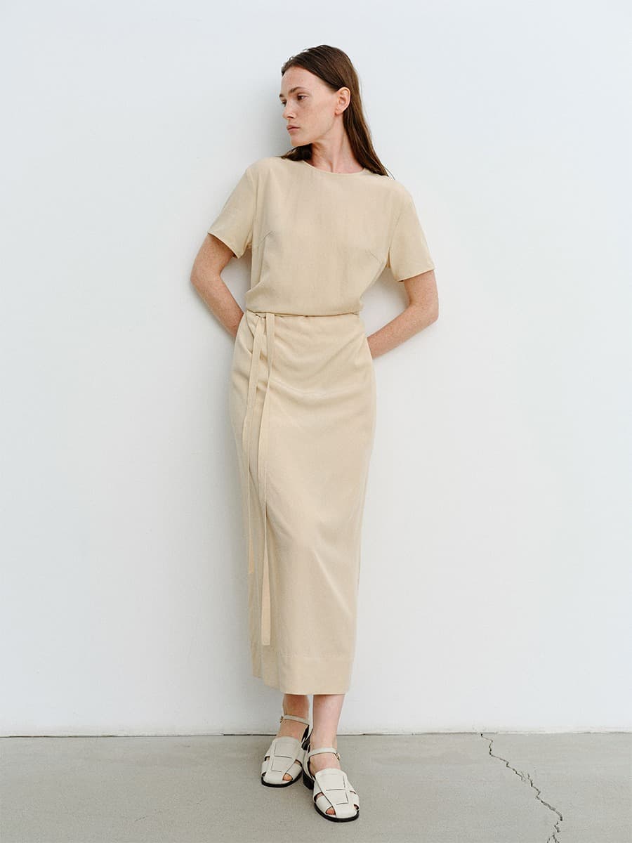 TVR DRAPED WAIST DRESS_BEIGE