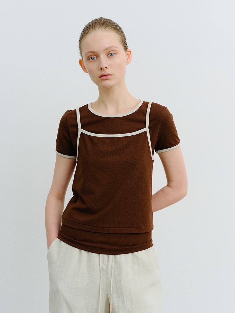 TVR HALF SLEEVE LAYERED TOP_BROWN