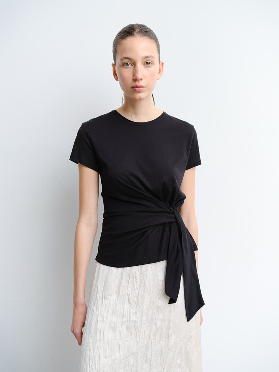 TVR WAIST TIE HALF SLEEVE TOP_BLACK