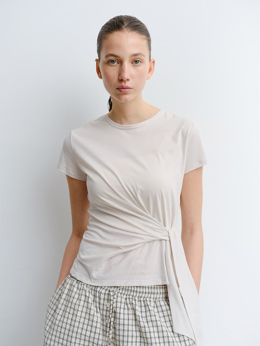 TVR WAIST TIE HALF SLEEVE TOP_OATMEAL