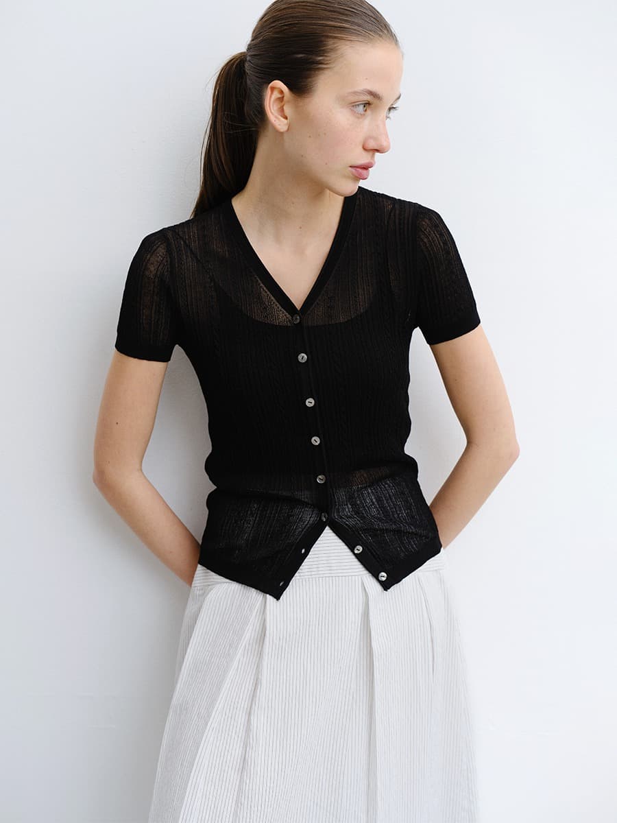 TVR V-NECK SILK KNIT CARDIGAN_BLACK