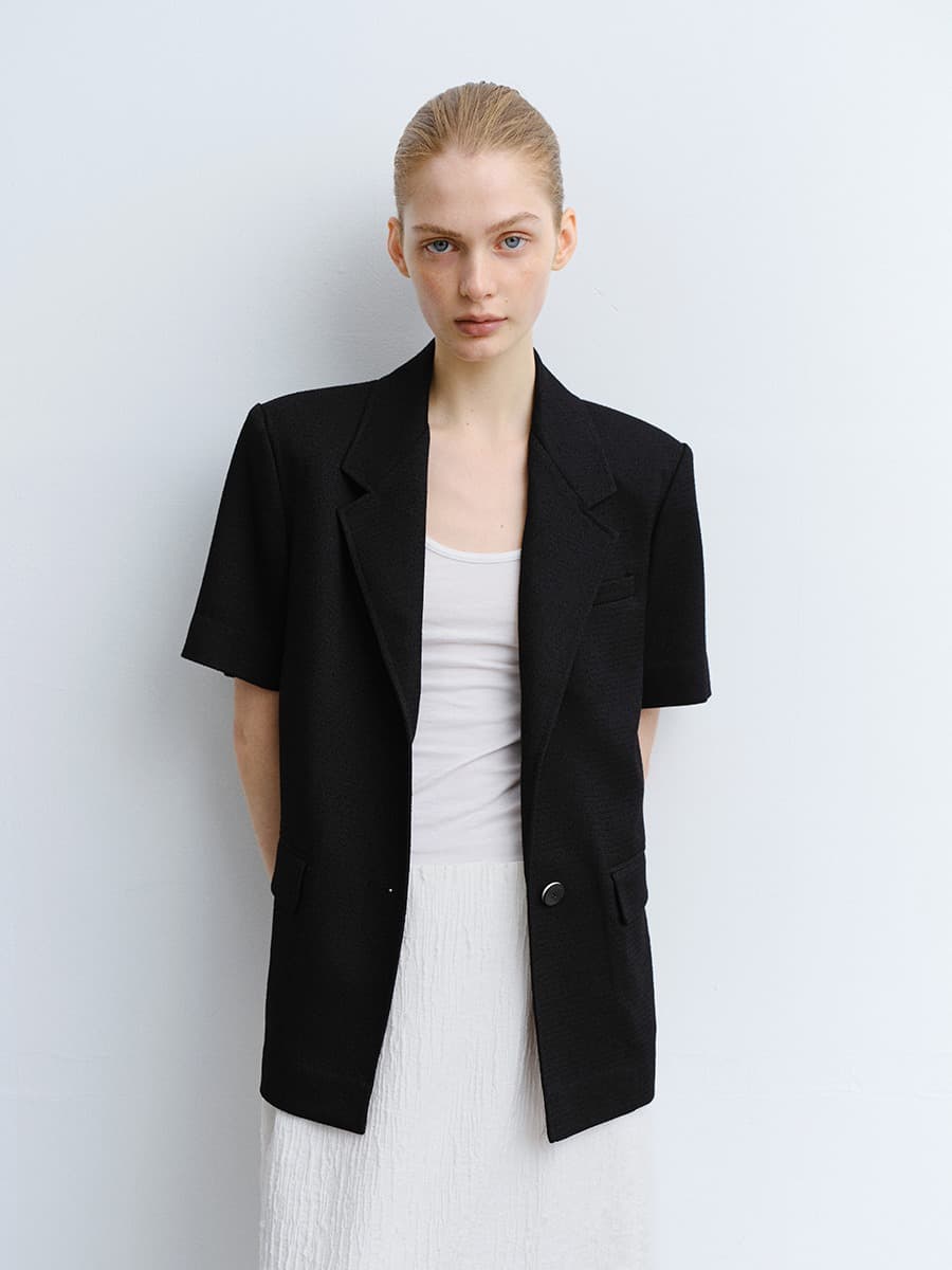 TVR TWEED HALF SLEEVE BLAZER_SOLID BLACK