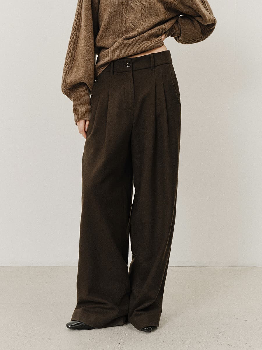 TVF WOOL WIDE TWO TUCK TROUSERS_DEEP BROWN