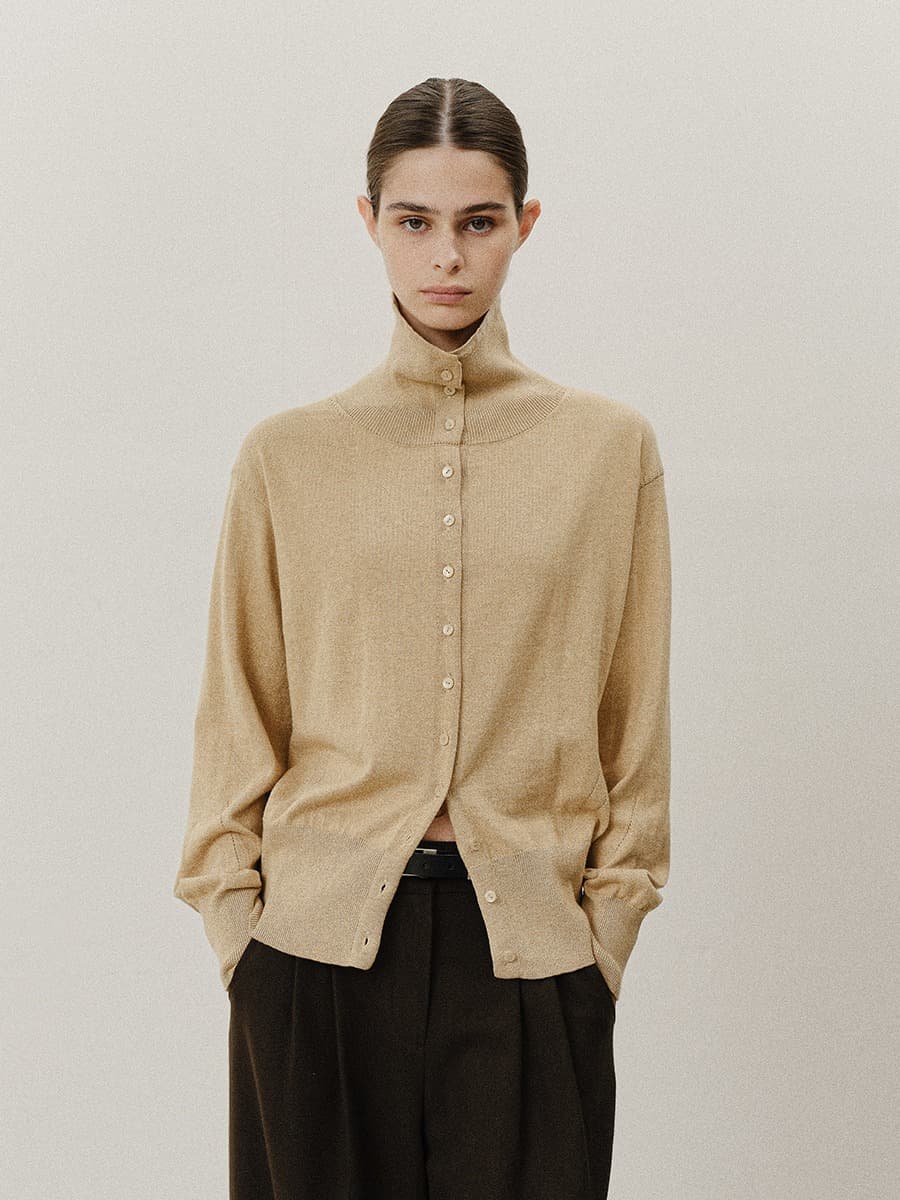 TVF COTTON CASHMERE TURTLENECK KNIT CARDIGAN_BEIGE