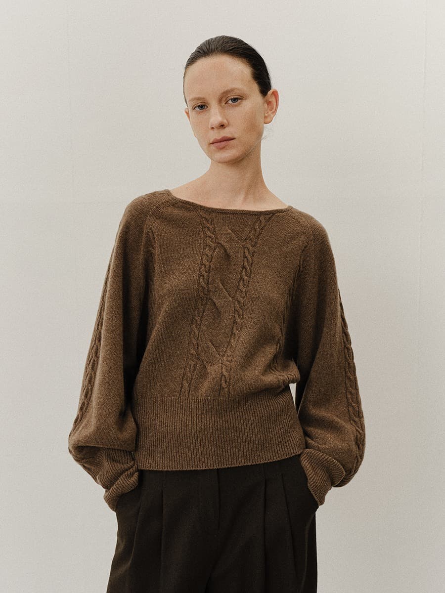 TVF MUFFLER CABLE WHOLEGARMENT KNIT TOP_BROWN