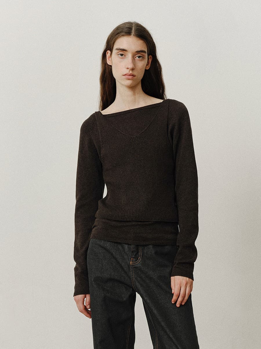 TVF COTTON CASHMERE LAYERED KNIT TOP_BROWN