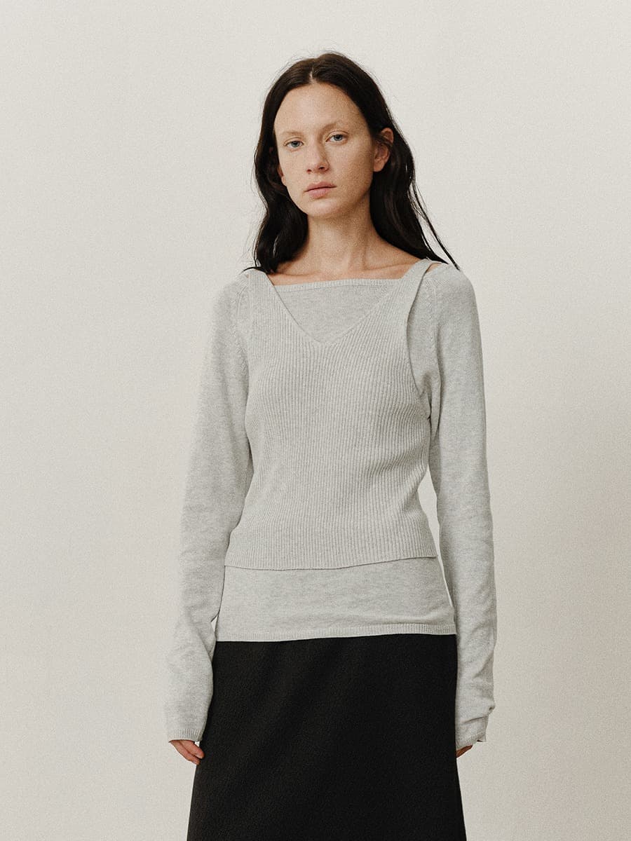 TVF COTTON CASHMERE LAYERED KNIT TOP_L-GREY