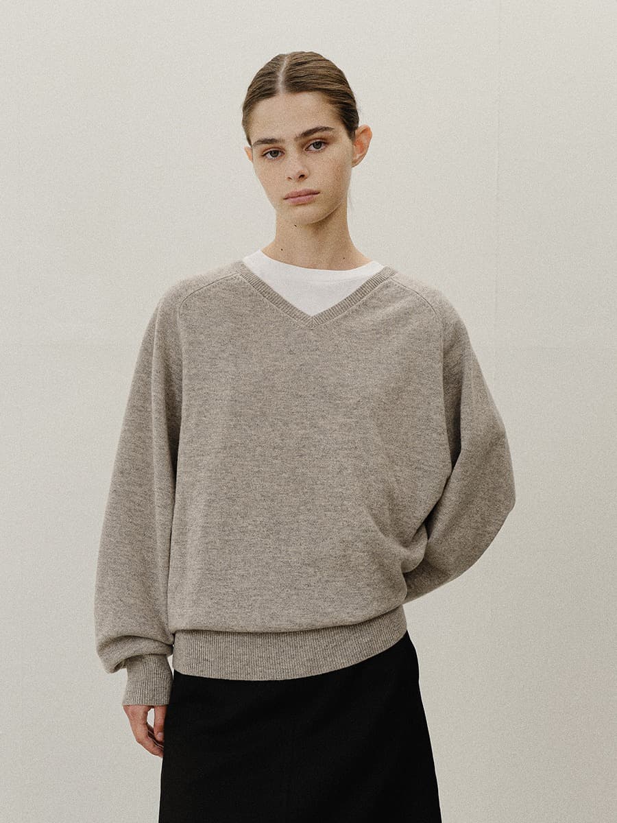 TVF MERINO WOOL OVERFIT V-NECK KNIT TOP_L-GREY