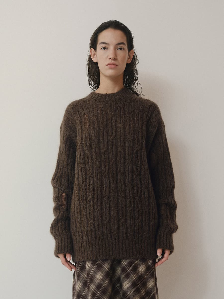 TVW MOHAIR CABLE DAMAGE KNIT TOP_BROWN