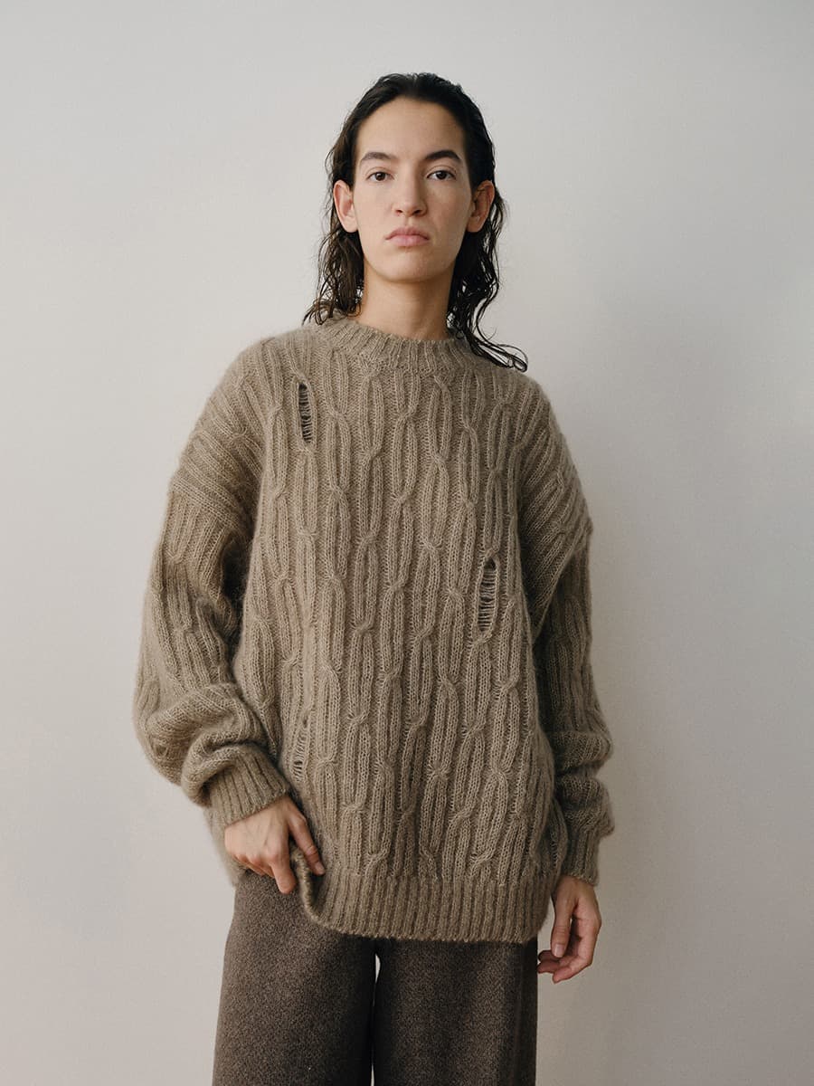 TVW MOHAIR CABLE DAMAGE KNIT TOP_BEIGE