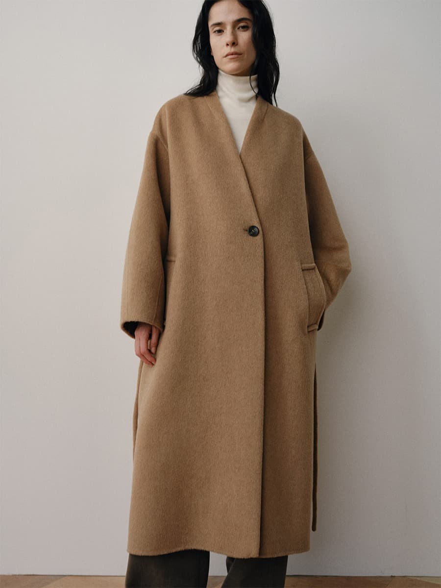 TVF CASHMERE COLLARLESS DOUBLE COAT [HAND MADE]_CAMEL