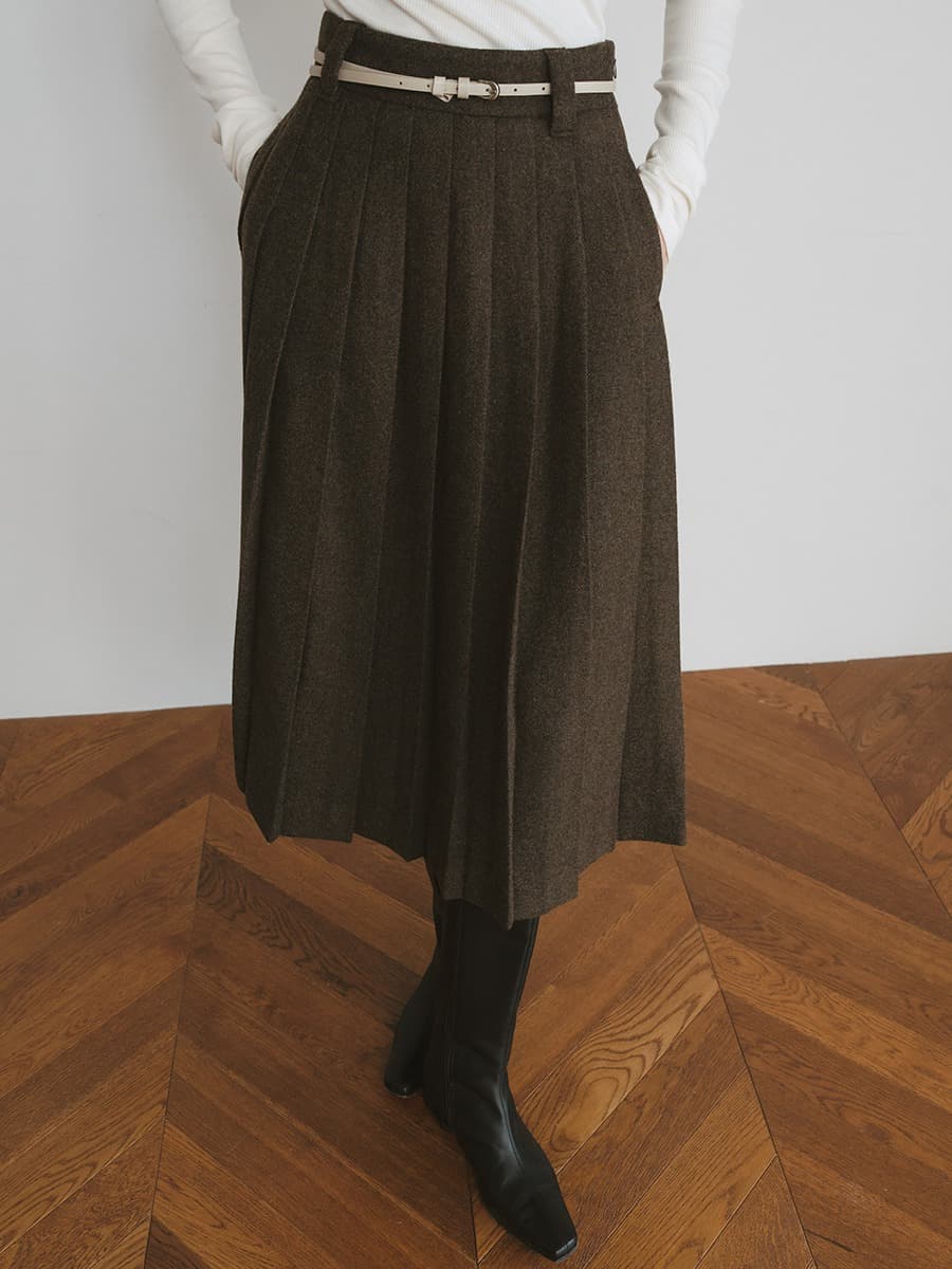 TVW WOOL PLEATS MID SKIRT_BROWN