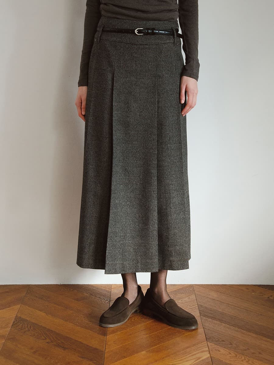 TVW CLASSIC WOOL PLEATS SKIRT_CHECK BROWN