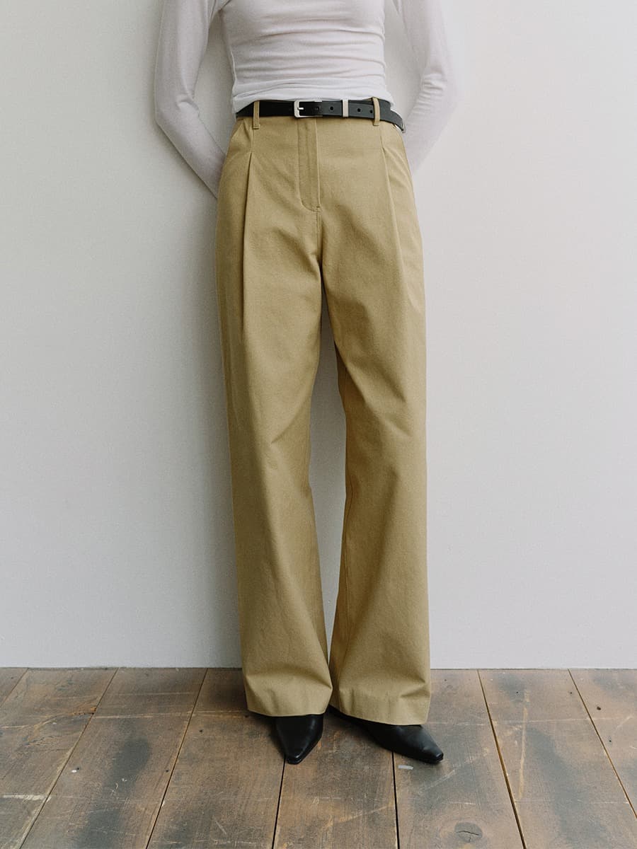 TIS COTTON ONE TUCK WIDE PANTS_BEIGE