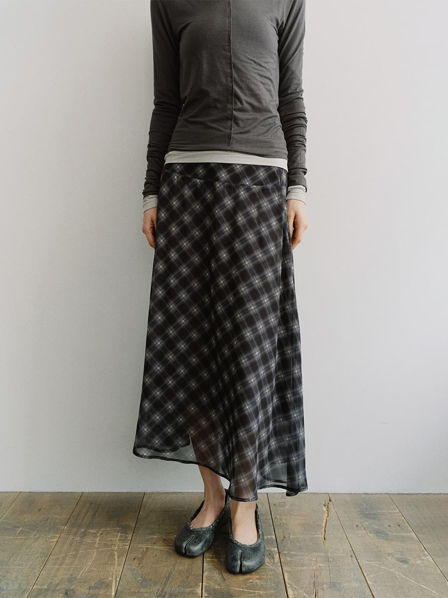 TIS SHADOW CHECK LAYERED SKIRT_NAVY