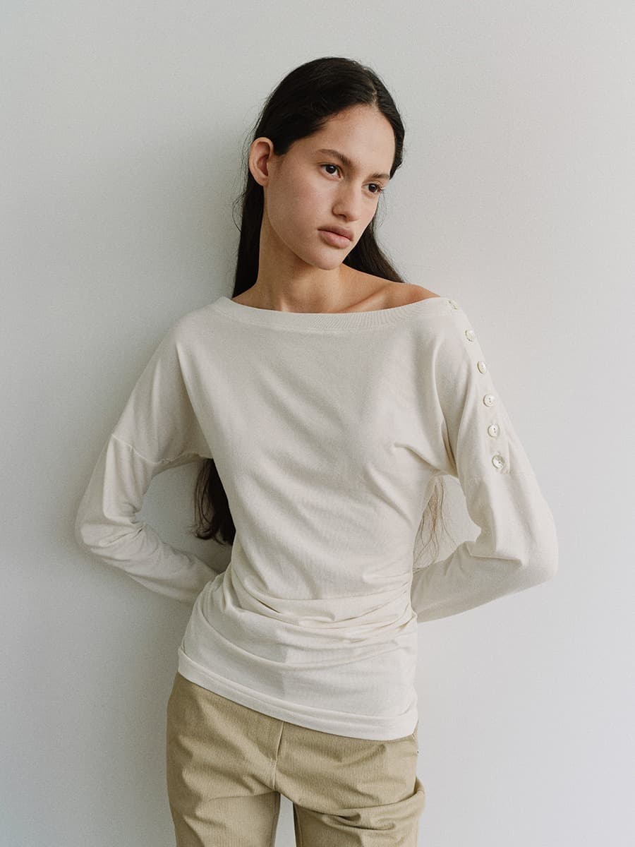 TIS BUTTON OFF-SHOULDER TOP_ IVORY