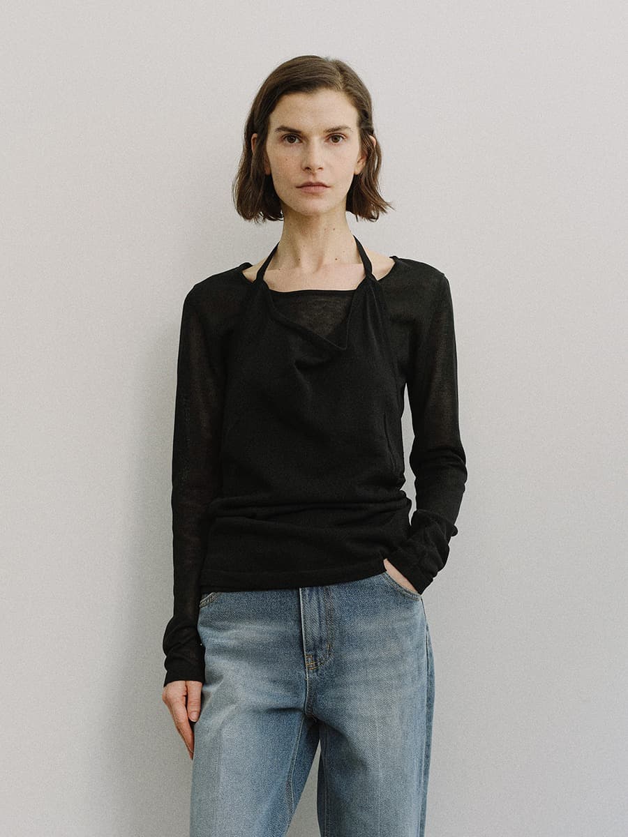 TIS HALTER LAYERED KNIT TOP_BLACK