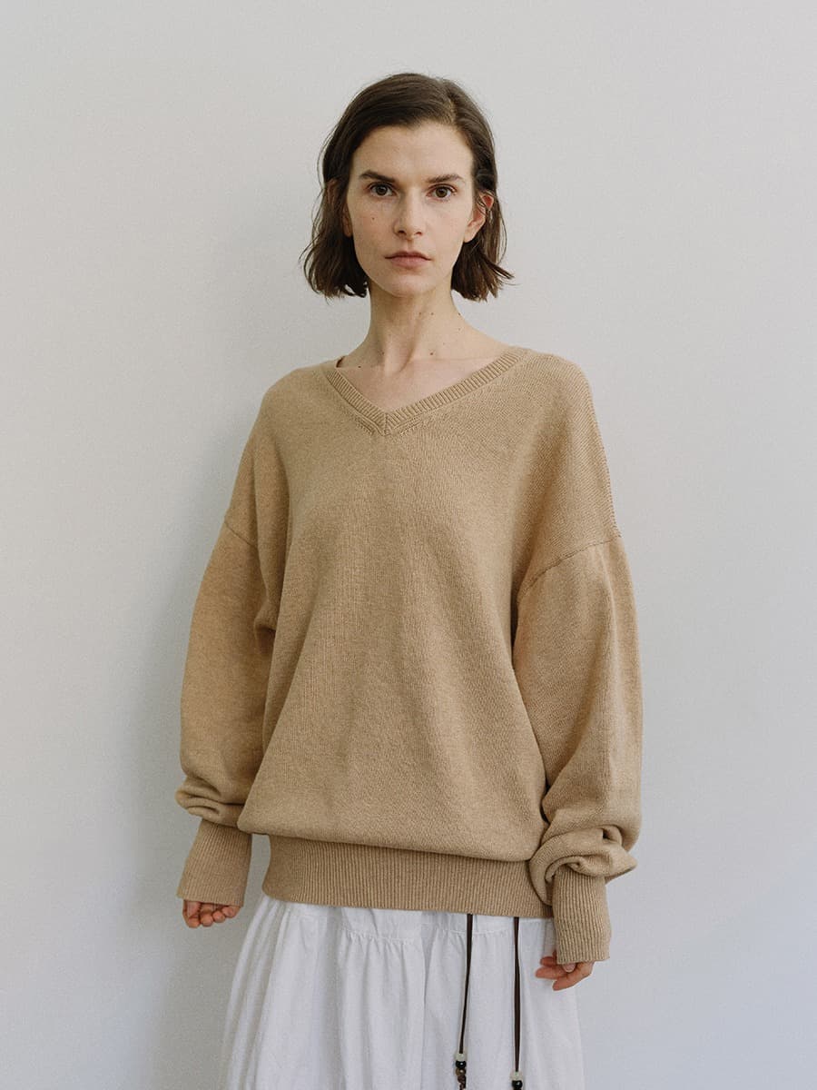 TIS CASHMERE V-NECK KNIT_BEIGE