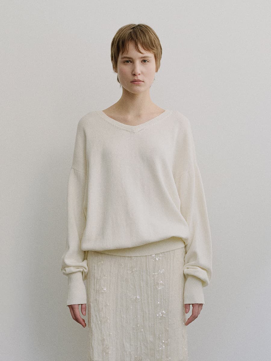 TIS CASHMERE V-NECK KNIT_IVORY