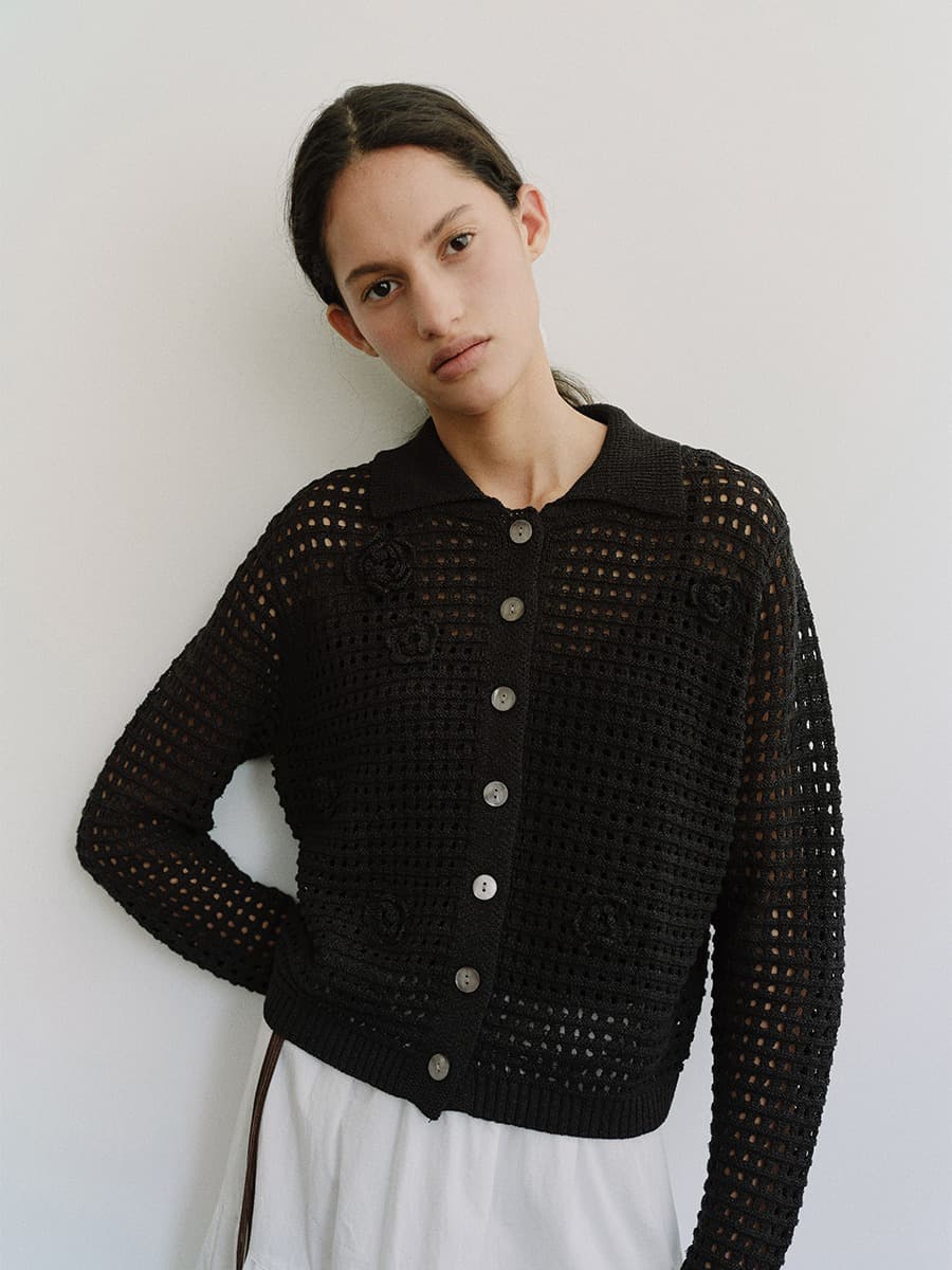 TIS FLORAL NETTING KNIT CARDIGAN_BLACK