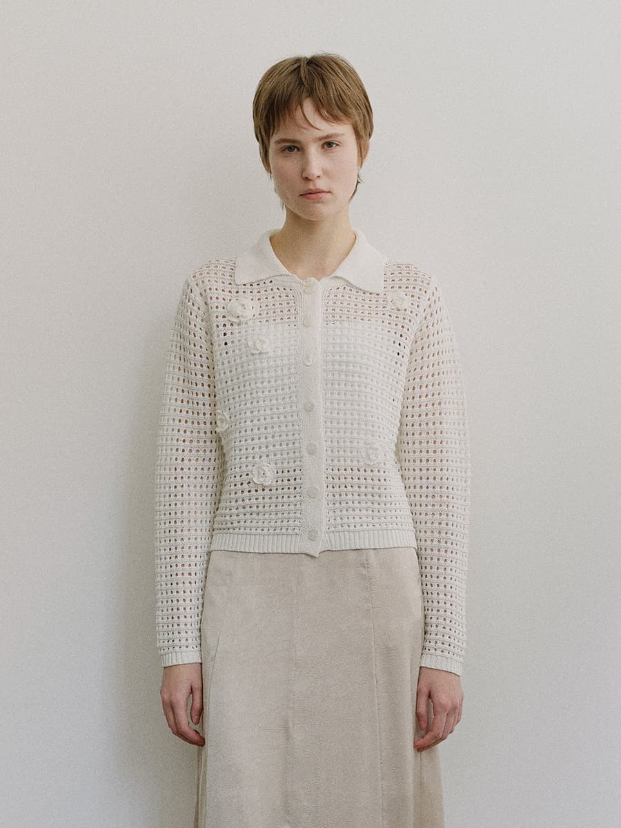 TIS FLORAL NETTING KNIT CARDIGAN_WHITE
