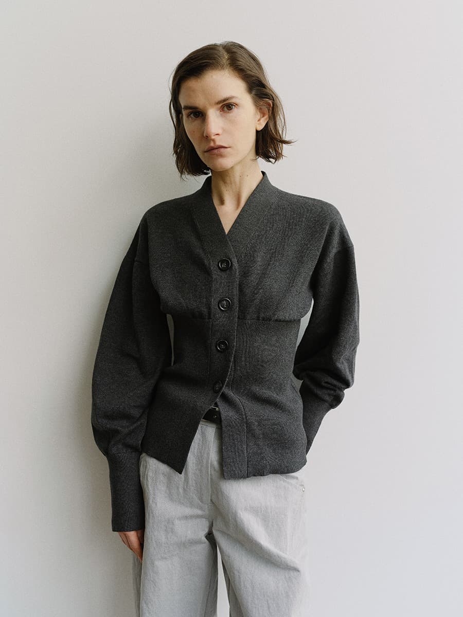 TIS COTTON CASHMERE V-NECK KNIT CARDIGAN_CHARCOAL