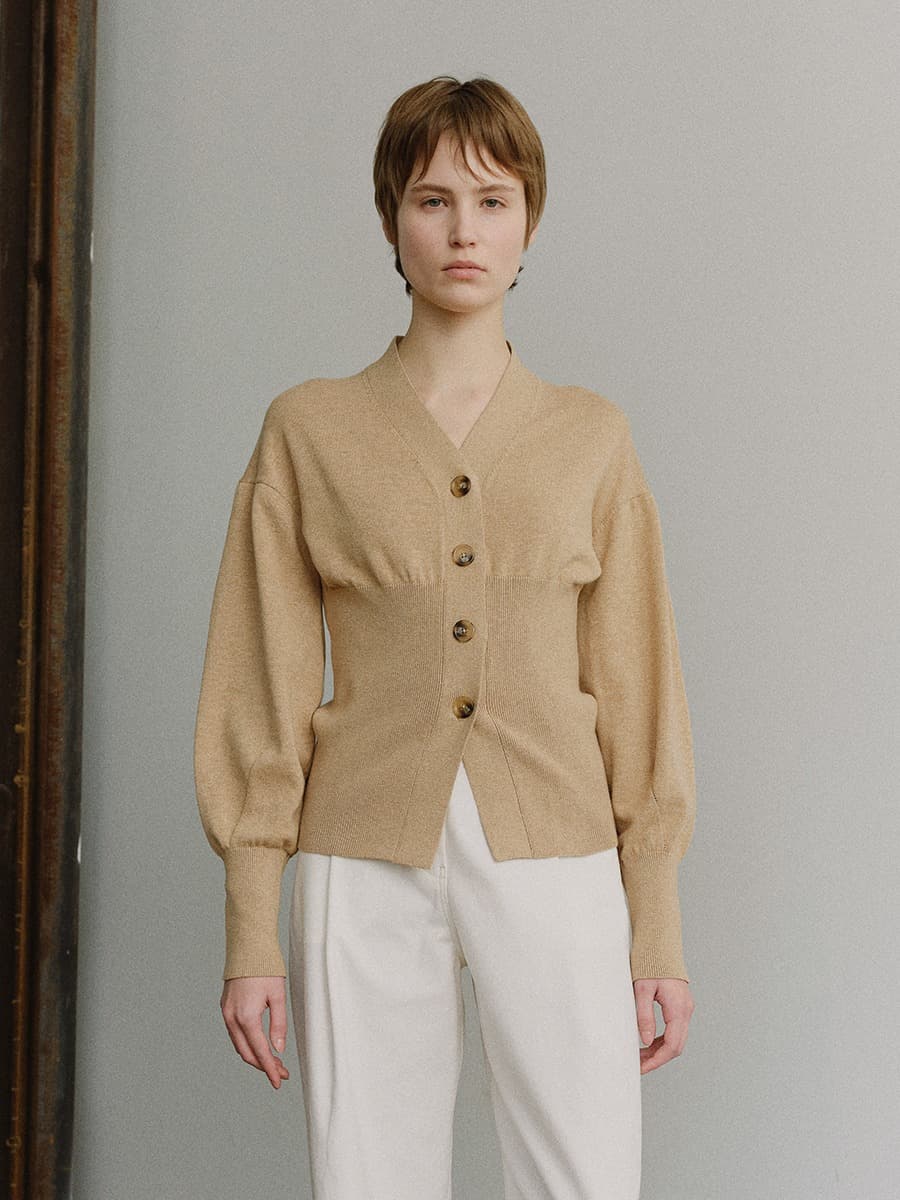 TIS COTTON CASHMERE V-NECK KNIT CARDIGAN_BEIGE