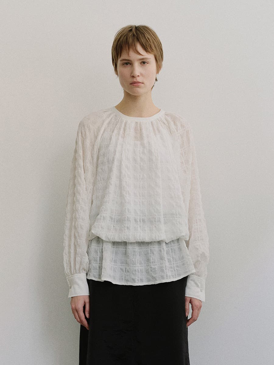 TIS CHECK CRINKLE SHEER BLOUSE_WHITE