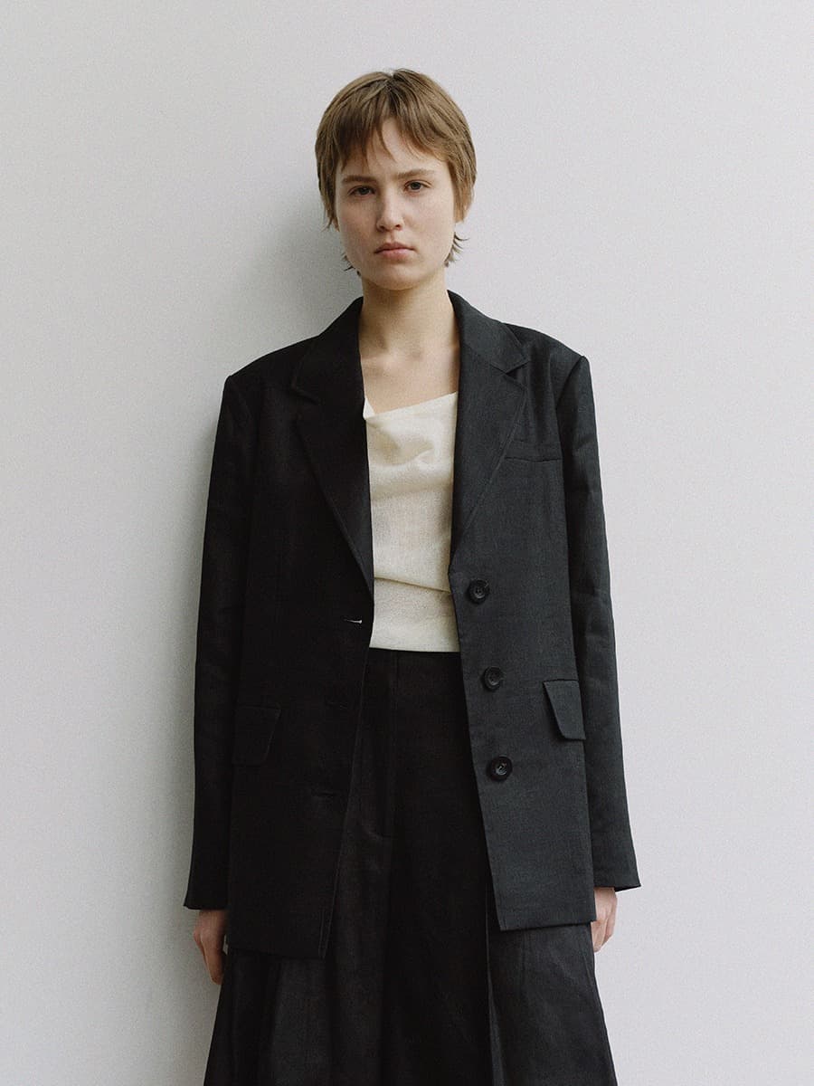 TIS LINEN TAILORED SINGLE BLAZER_BLACK