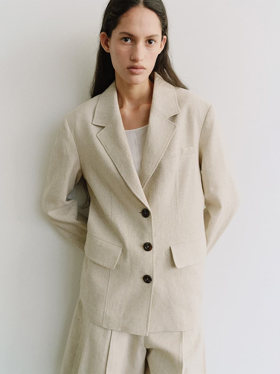 TIS LINEN TAILORED SINGLE BLAZER_BEIGE STRIPE — vue 1