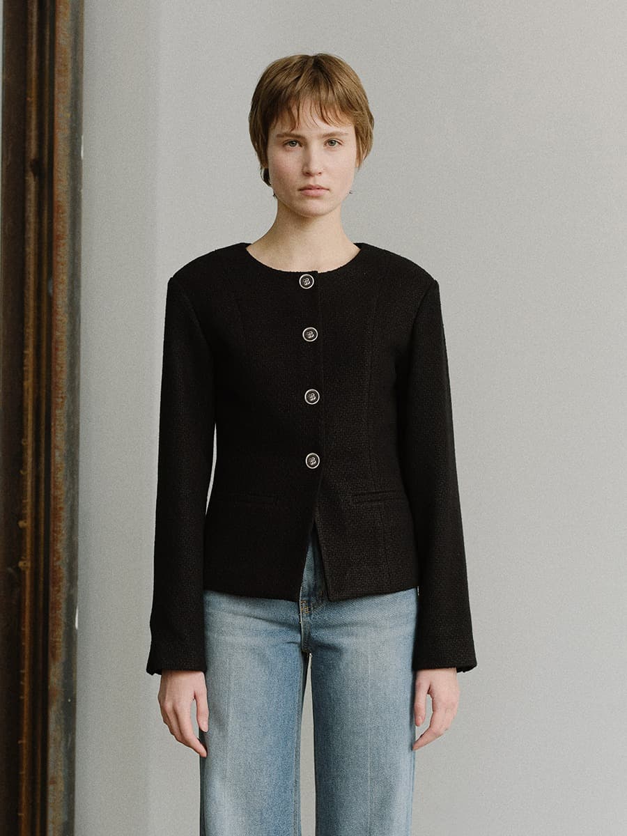 TIS COLLARLESS TWEED WOOL BLAZER_BLACK