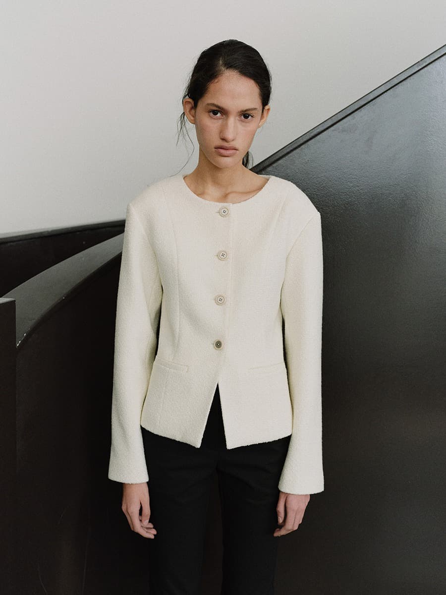 TIS COLLARLESS TWEED WOOL BLAZER_IVORY