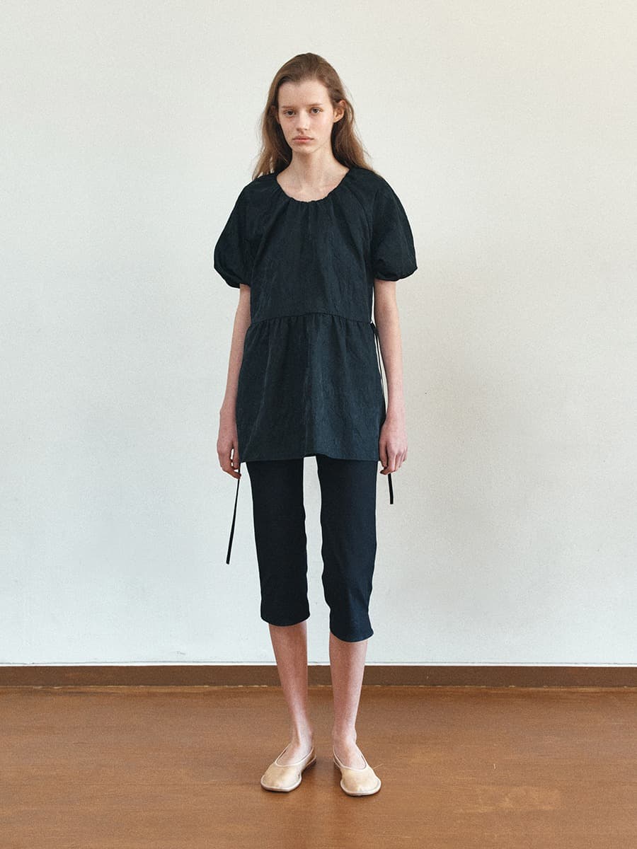 TIS JACQUARD TWO WAY SHIRRING PUFF DRESS_BLACK